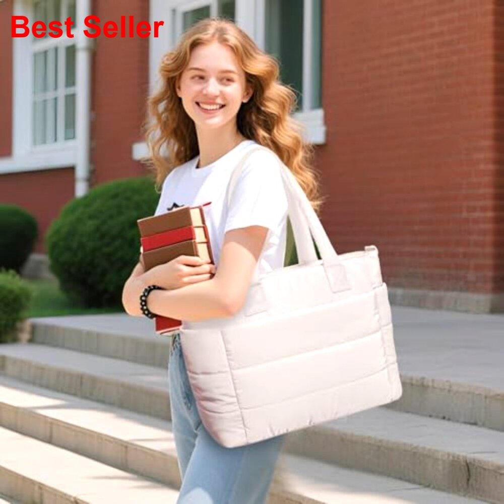 Large Puffer Tote Bag with Zipper for Work Travel Nurse Shoulder Bag - Picture 3 of 7